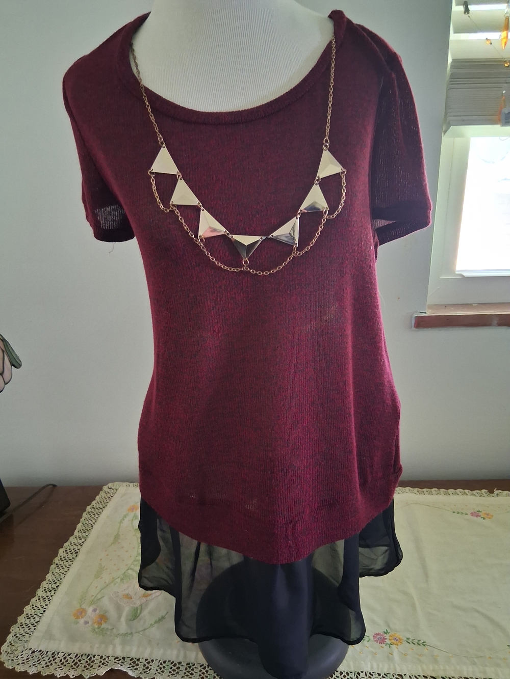 Perseption Burgundy Short-Sleeve Layered Tunic with Sheer Hem